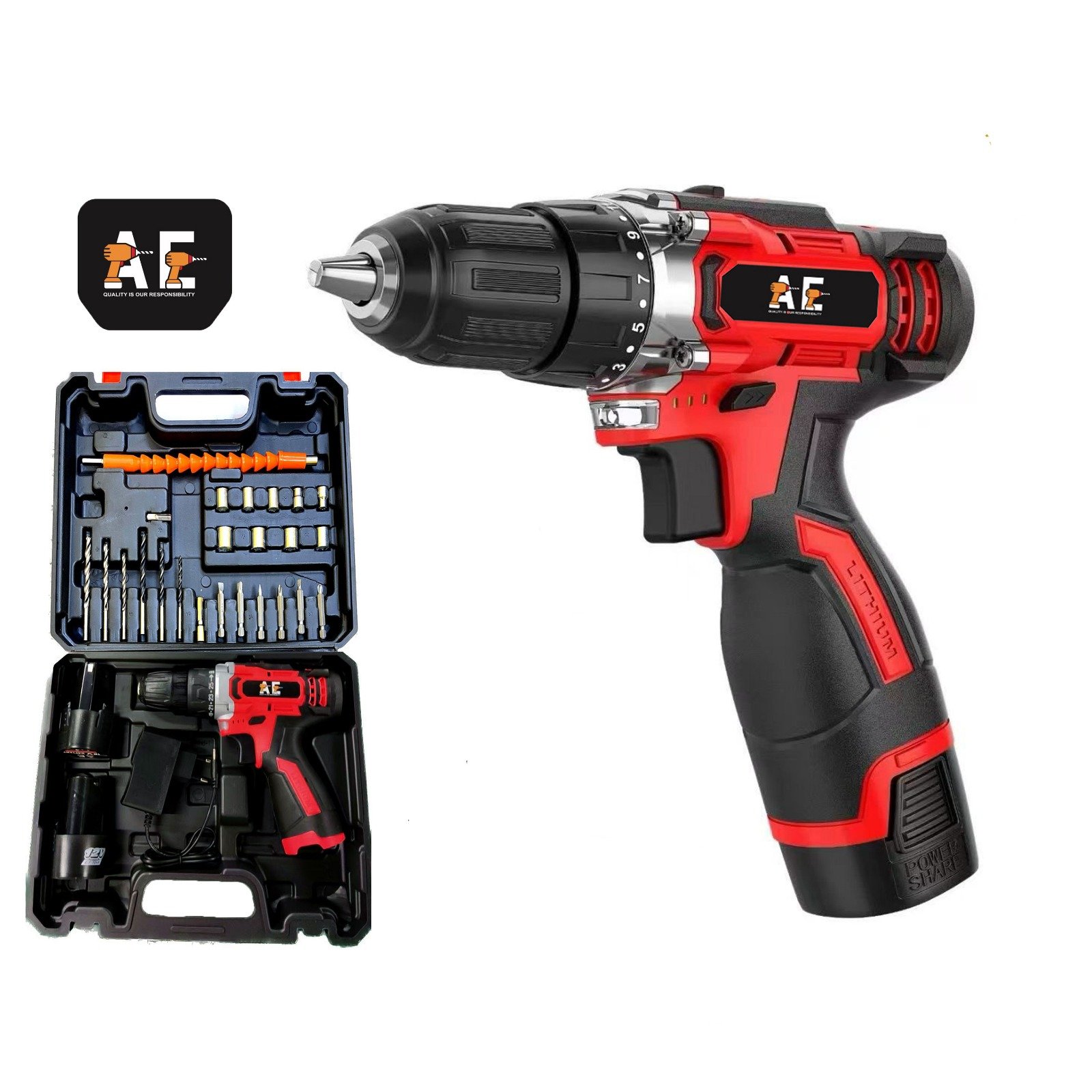 ১২V লিথিয়াম ব্যাটারি চালিত কর্ডলেস ড্রিল মেশিন সেট – সম্পূর্ণ টুল কিট (AF) - Image 2