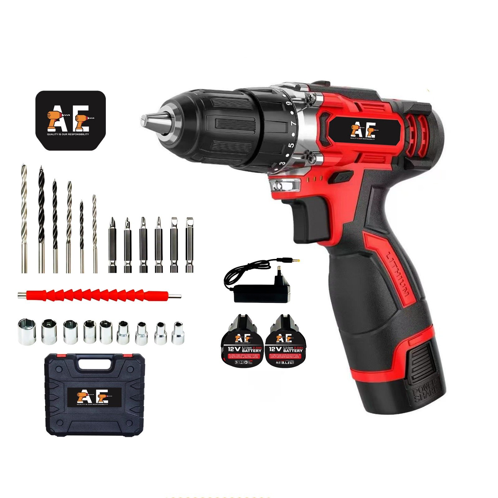 ১২V লিথিয়াম ব্যাটারি চালিত কর্ডলেস ড্রিল মেশিন সেট – সম্পূর্ণ টুল কিট (AF)